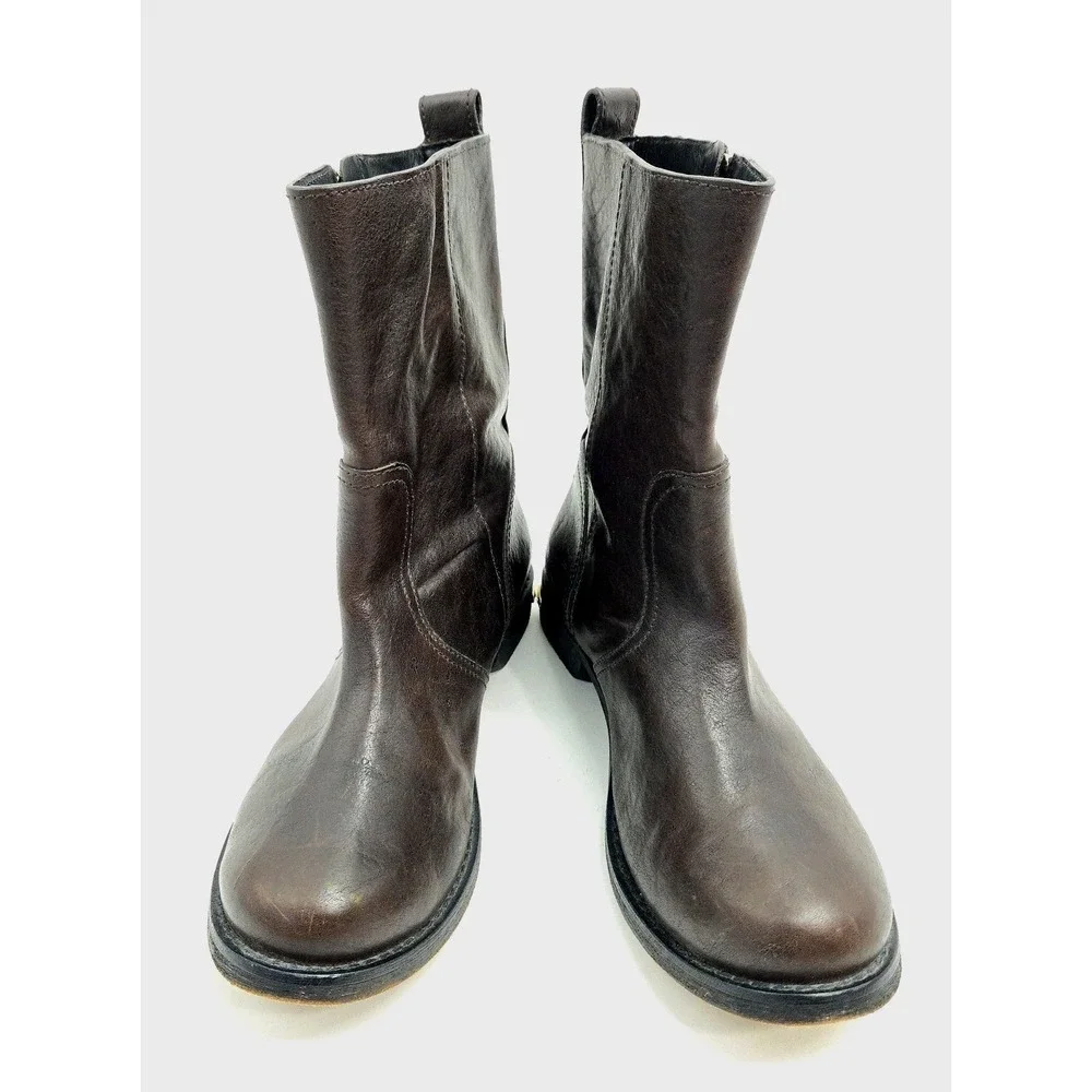Tory Burch Elyse Moto Boots Women US 8 Chocolate Brown Leather Logo Zip Side